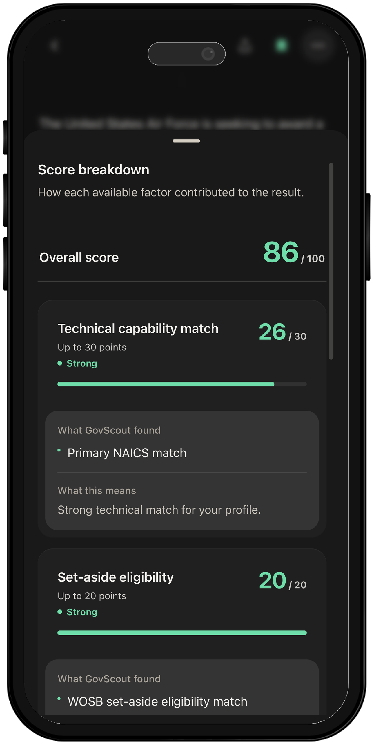 Opportunity score breakdown on mobile